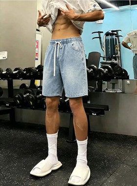 浅蓝色薄款冰丝牛仔短裤男款夏季莱赛尔运动五分裤美式直筒裤子