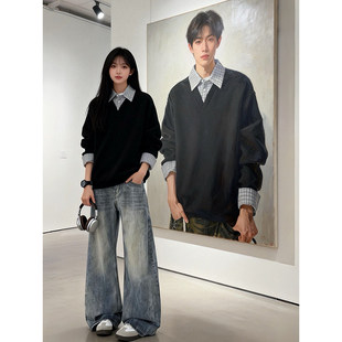 美式高街格子假两件卫衣男款冬季高级感拼接撞色polo衫内搭打底衫