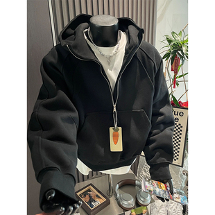 boxy重磅解构连帽外套 加绒美式 cleanfit黑色半拉链卫衣男款 秋冬季