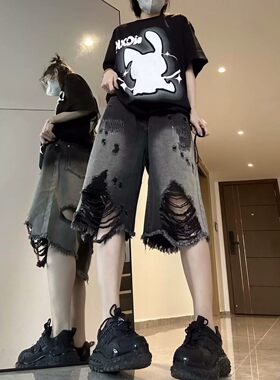 夏季美式高街破洞阔腿牛仔七分裤