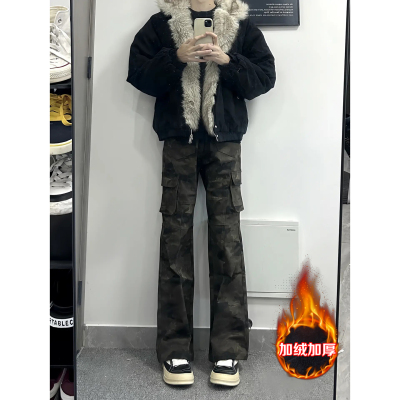 美式复古加绒迷彩工装裤男款冬季