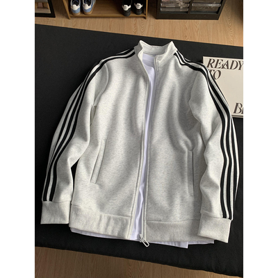 美式cleanfit三条杠立领外套男