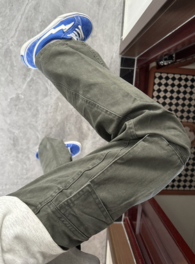 军绿色褶皱伞兵工装裤男秋季美式伐木弯刀裤子cleanfit微喇直筒裤