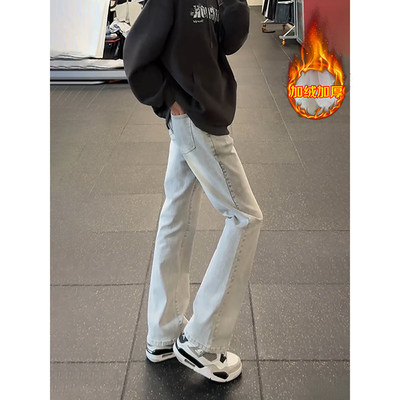 水泥烟灰加绒加厚男微喇牛仔裤