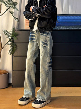 cleanfit斜切闪电纹牛仔裤男冬季美式直筒微喇裤复古水洗vibe裤子