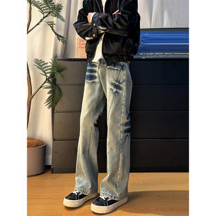 cleanfit斜切闪电纹牛仔裤男冬季美式直筒微喇裤复古水洗vibe裤子