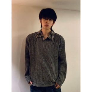 雪尼尔重磅衬衫领卫衣男款秋季美式打底长袖T恤小香风假两件外套