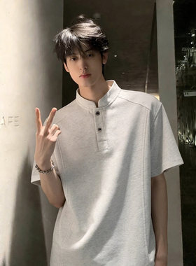 白灰色美式亨利领t恤男款夏cleanfit拼接重磅短袖高级感polo半袖