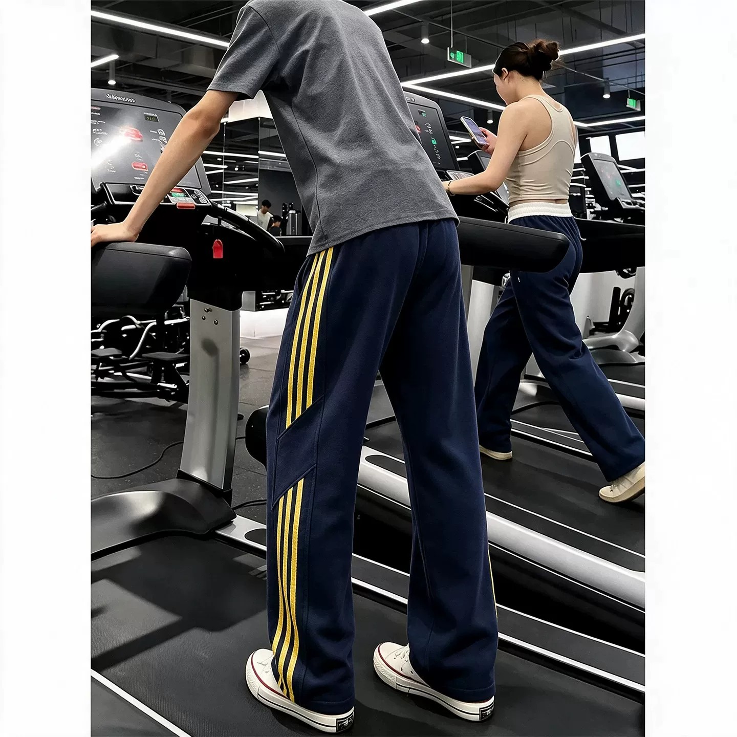 藏青条纹三杠重磅垂感男微喇卫裤图片