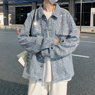 重工亮片小香风牛仔外套男春秋季 高级感潮牌痞帅炸街宽松休闲夹克