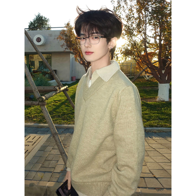 美式复古假两件v领毛衣男款