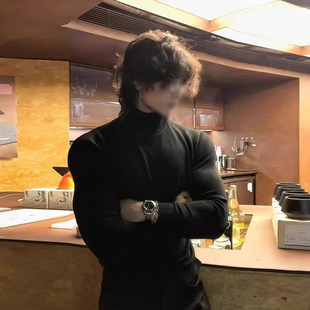 黑色半高领德绒打底衫男款中领修身cleanfit长袖t恤健身内搭卫衣