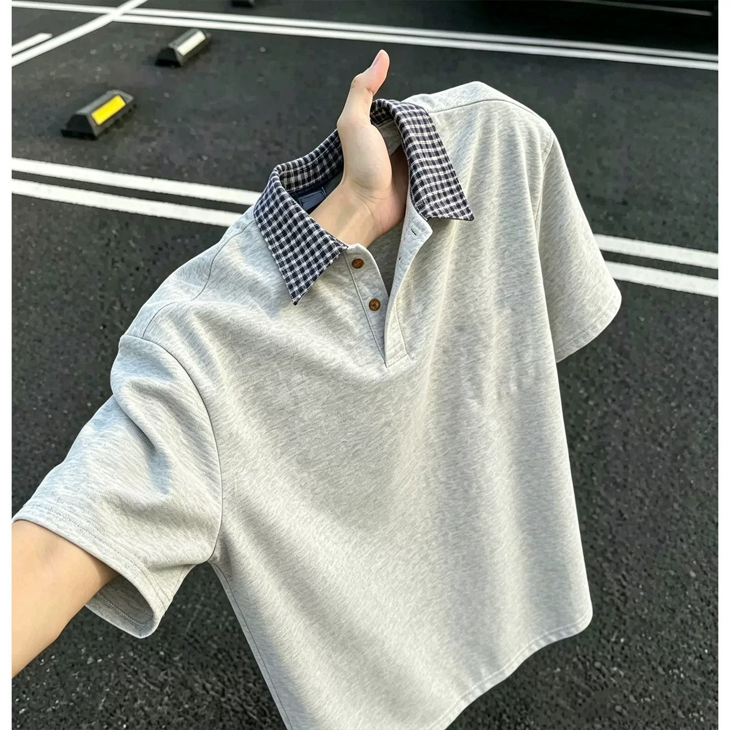 美式格纹假两件翻领短袖T恤男图片