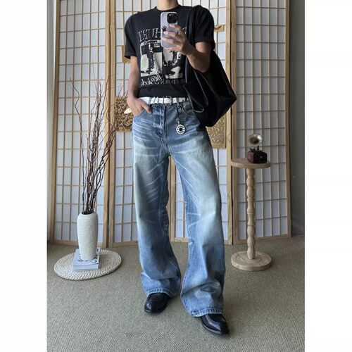 夏季美式高街复古蓝弯刀阔腿牛仔