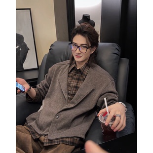 vintage假两件格子拼接衬衫 老钱风夹克痞帅高级感正肩外套 男秋季