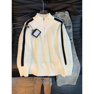 cleanfit白色半拉链立领毛衣男款冬季加绒美式条纹拼接内搭针织衫