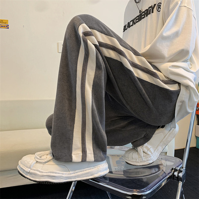 撞边条纹垂感直筒灯芯绒裤子