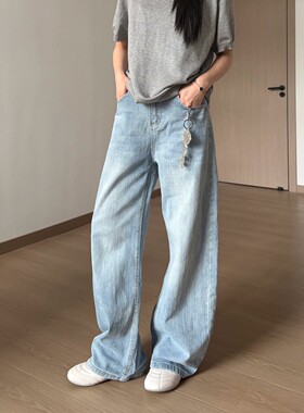 蓝色竹节纹弯刀牛仔裤男女夏季薄款宽松显瘦阔腿裤高级感微喇裤子