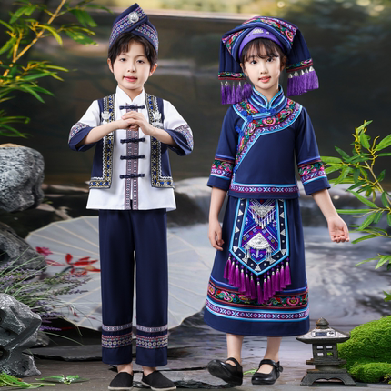 新款广西壮族三月三儿童舞蹈演出服苗族瑶族彝族布依族男女童服饰