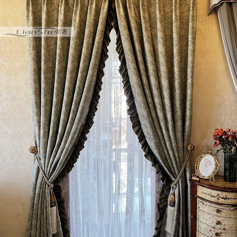 美式田园卧室全遮光绿色荷叶边窗帘加厚客厅雪尼尔印花布帘2025新