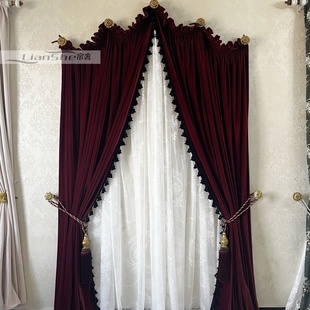 复古穹顶式暗红色窗帘加厚柔软丝绒美式客厅卧室全遮光布帘高级感