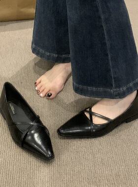 黑色夏季春秋低跟女鞋子尖头法式