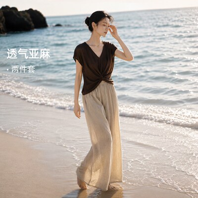 IHIMI海谧透气亚麻V领扭结上衣阔腿裤套装女夏高级感显瘦两件套