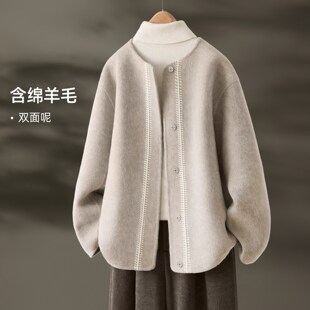 IHIMI海谧线迹绣羊毛双面呢外套女2026年冬季简约气质设计感大衣