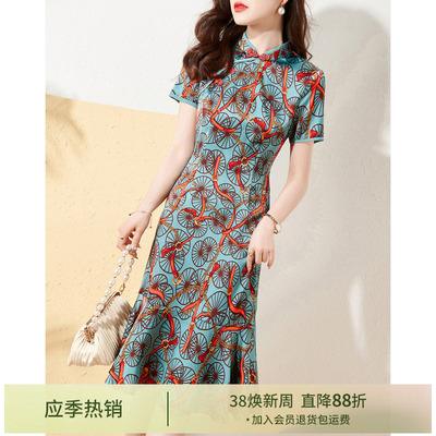 简约时尚撞色旗袍连衣裙印花