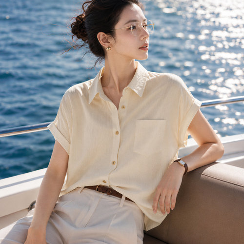 IHIMI海谧通勤夏袖口翻边衬衫