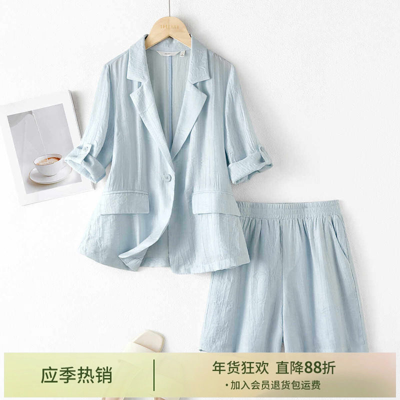 IHIMI海谧薄款小西装短裤两件套女2025夏季新款气质外套裤子套装,女装/女士精品,时尚套装,淘宝优惠券,粉丝福利购,淘宝优惠卷