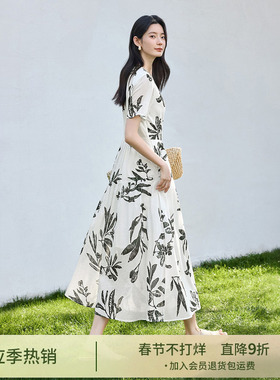 IHIMI海谧法式度假风100棉水墨花影连衣裙女2025夏季时尚优雅裙子