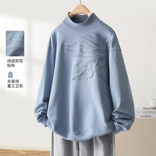 IHIMI海谧半高领剪花贴布绣卫衣