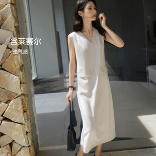 IHIMI海谧莱赛尔v领无袖垂坠感直筒背心裙夏季女款显瘦长款连衣裙