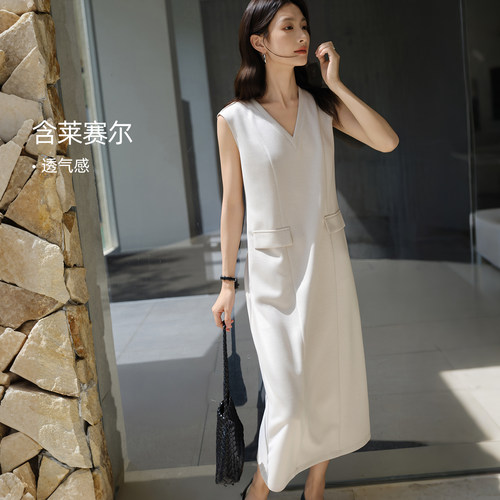 IHIMI海谧莱赛尔v领直筒背心裙
