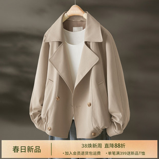 IHIMI海谧老钱风拼接松紧下摆夹克外套女款春季宽松显瘦短款风衣