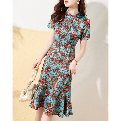 简约时尚撞色旗袍连衣裙印花
