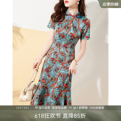 简约时尚撞色旗袍连衣裙印花