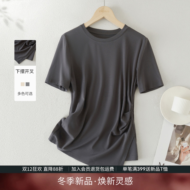 轻薄设计感抽褶收腰显瘦T恤