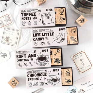 萌物小印木质印章套盒diy手账日记印画跨境复古物件榉木印章