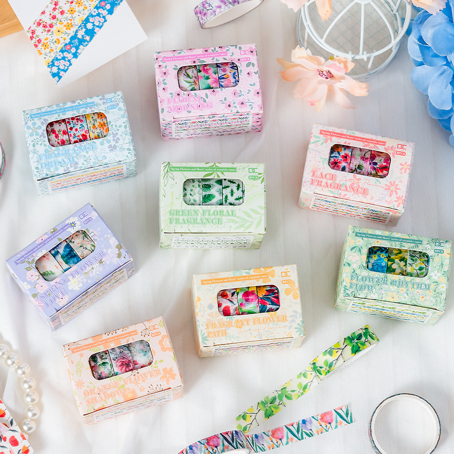 春心花语盒装和纸胶带5卷入1cm宽花草树叶分割线手账田园花卉胶带