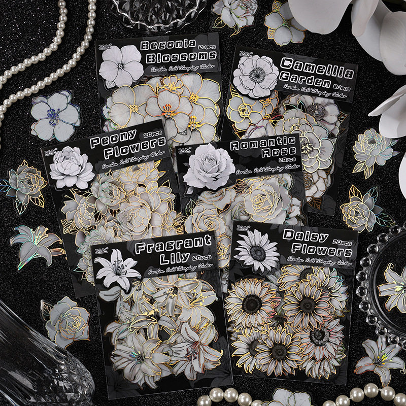 花香满园透明防水pet贴纸包diy手账日记贴画跨境烫金镭射花卉贴