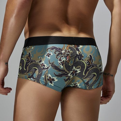 希宾新款冰丝鱼龙纹低腰男士运动内裤 男士平角裤夏季冰丝内裤