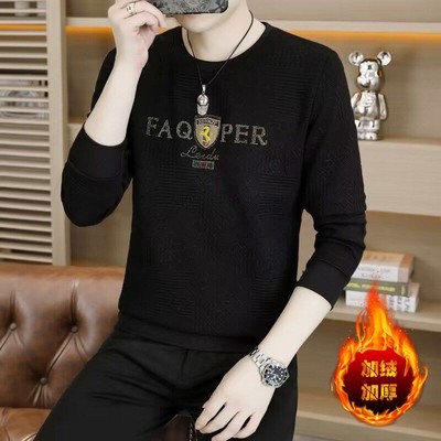 2025新款男士加绒加厚圆领卫衣休闲宽松长袖打底衫秋冬季保暖上衣