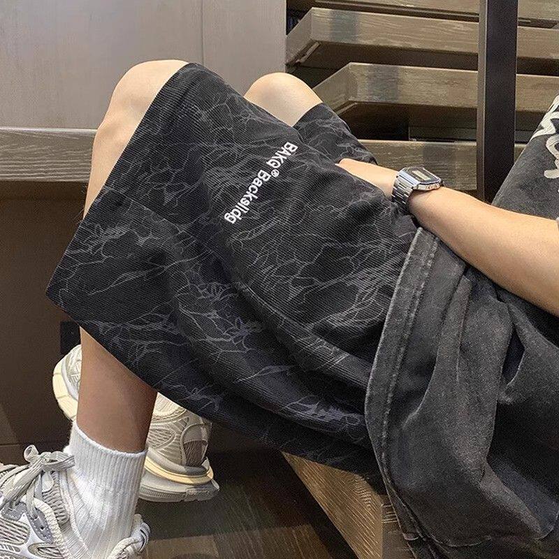 新款男裤百搭美式扎染刺绣短裤男款夏季薄款宽松休闲冰丝五分中裤图片