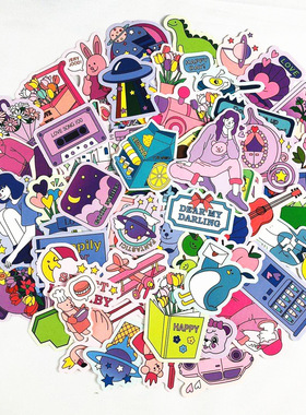 60张韩国ins风文艺青年卡通可爱贴纸防水行李箱汽车装饰sticker