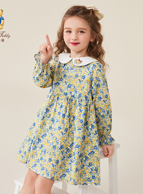 精典泰迪童装春季新款女童连衣裙长袖裙子儿童衣服洋气碎花连衣裙