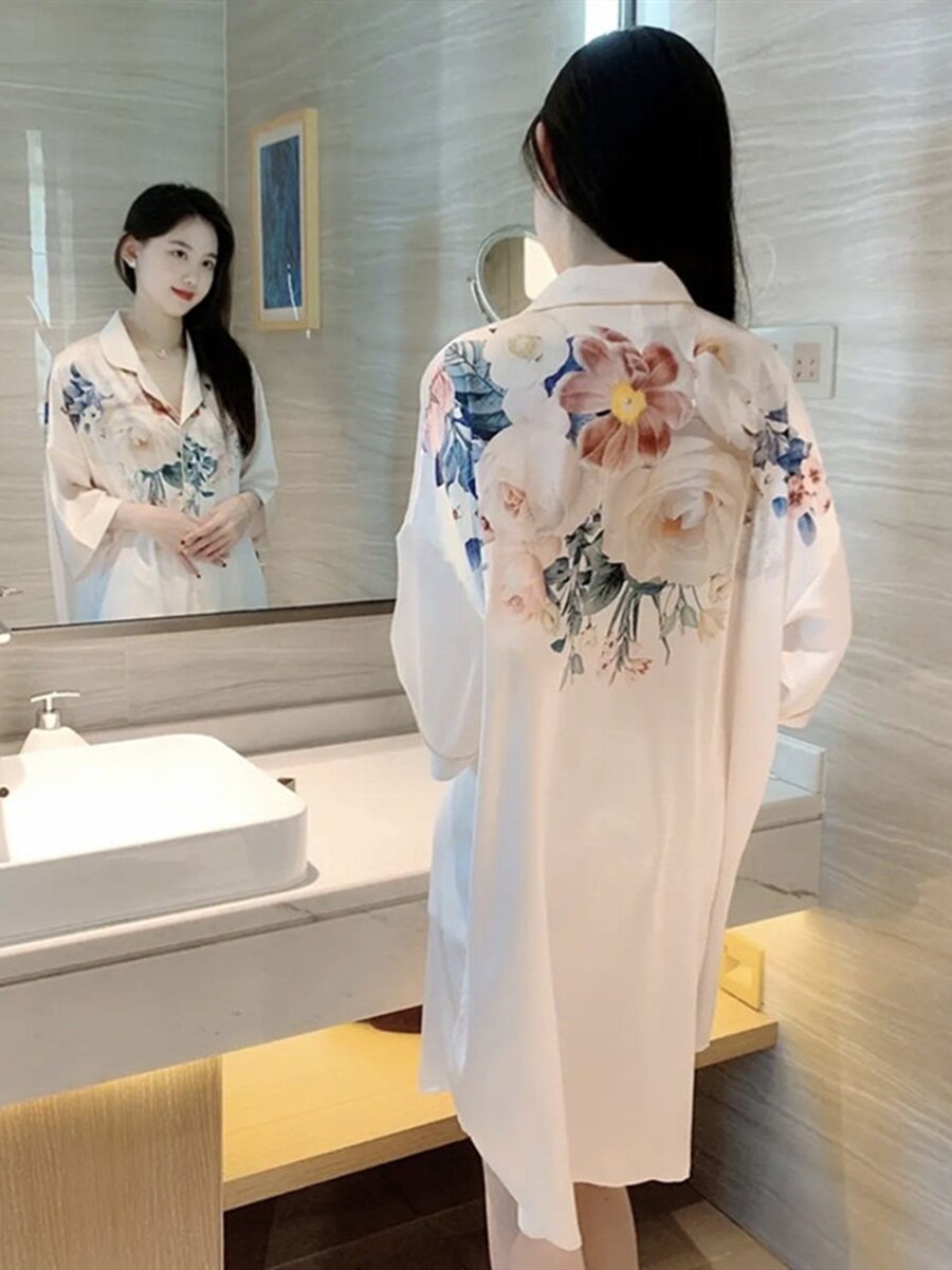 维多利亚新款睡裙女夏冰丝短袖性感衬衫睡衣高级感大码真丝家居服