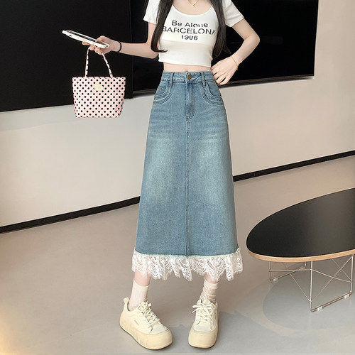 复古蕾丝花边牛仔半身裙女2026夏季新款高腰显瘦a字中长款伞裙