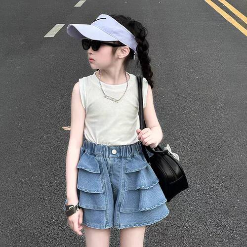 女童夏装裙裤套装2026新款中大儿童穿搭背心辣妹装荷叶边半身裙